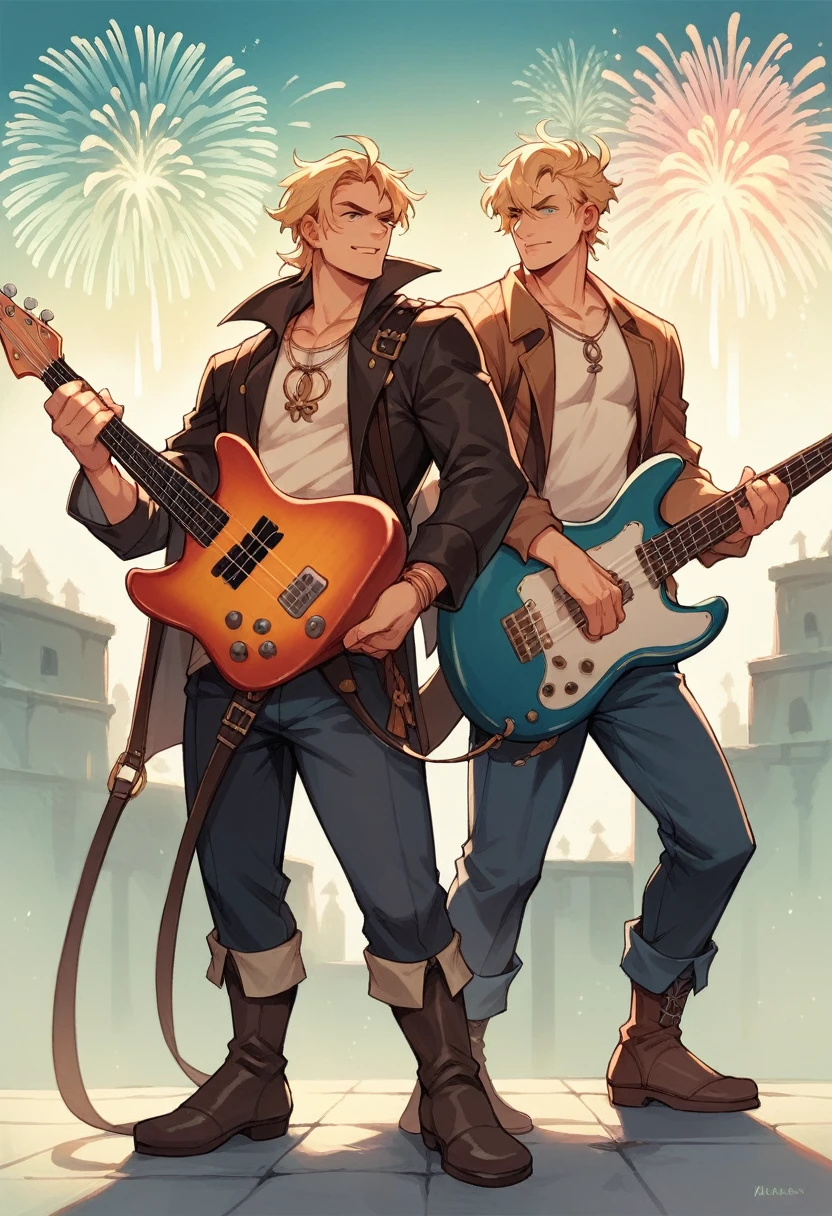 two mens, a tall, long-haired pirate holding the other man (bass guitar, hair blonde ) in the middle of a night of fireworks