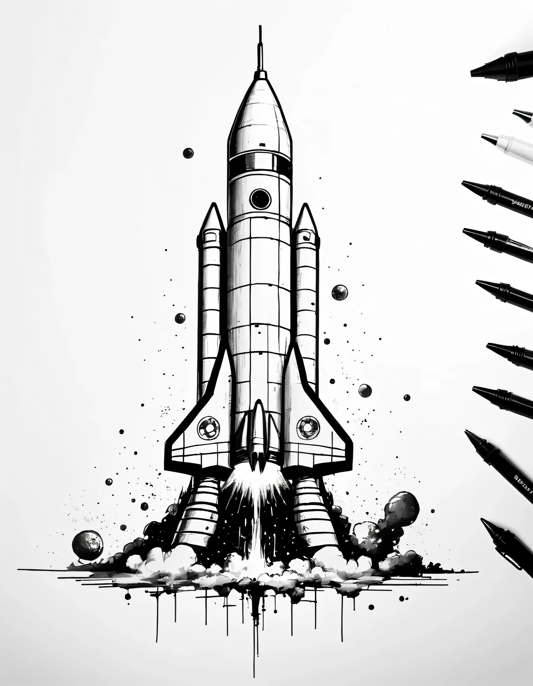 Space rocket sketch, pen drawing, chaotic, minimalist, 4k, UHD, masterpiece