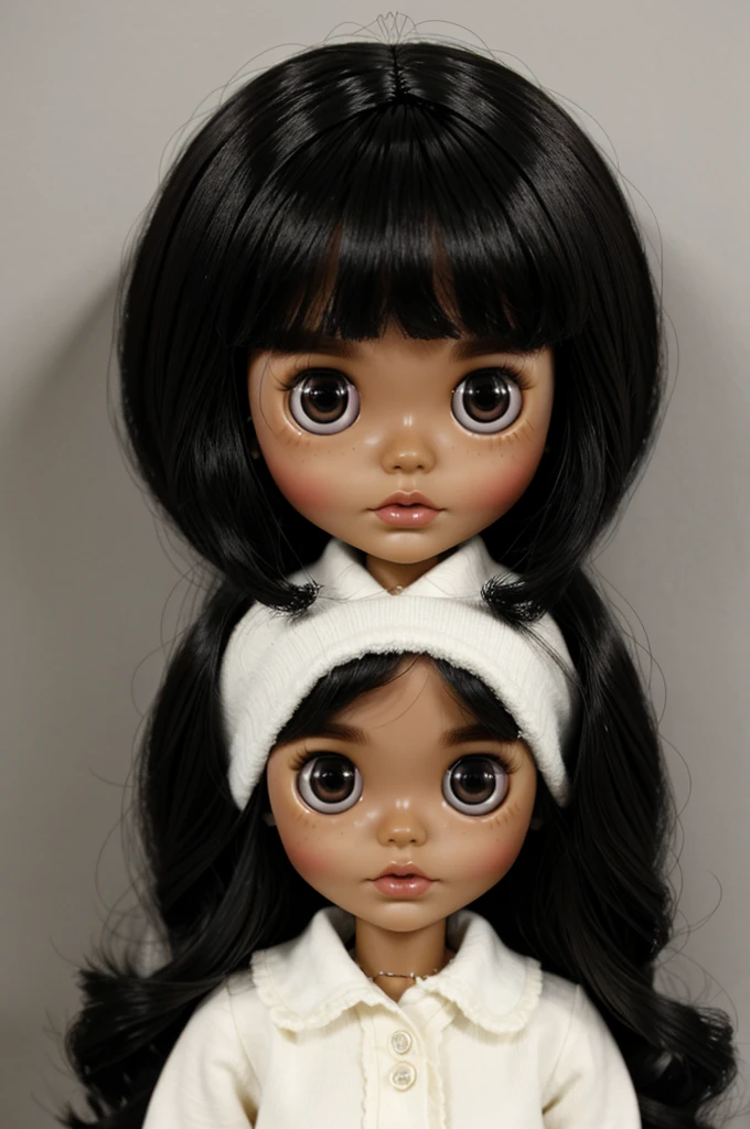 A blythe doll with fluffy black hair, with black eyes and brown skin