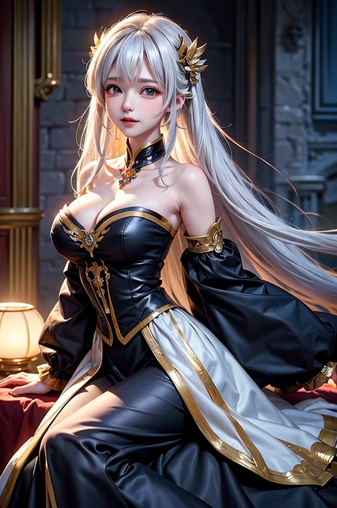 (Image above the chest)((masterpiece:1.5,Highest quality,Highly detailed images,Beautiful images、Realistic、Photorealistic、2.5D))(1girl, 独奏)(Adult women、large breasts, white hair, beautiful eyes、Beautiful cleavage)(Fantasy dresses、Fantasy Clothes、Black battle dress、black dress:1.5, Deep slit)(smile, wind, floating hair、Sit down and seduce)(bright、Soft lighting、Inside the castle、The King's Chamber)