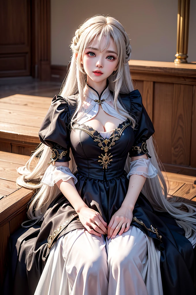 (Image above the chest)((masterpiece:1.5,Highest quality,Highly detailed images,Beautiful images、Realistic、Photorealistic、2.5D))(1girl, 独奏)(Adult women、large breasts, white hair, beautiful eyes、Beautiful cleavage)(Fantasy dresses、Fantasy Clothes、Black battle dress、black dress:1.5, Deep slit)(smile, wind, floating hair、Sit down and seduce)(bright、Soft lighting、Inside the castle、The King's Chamber)