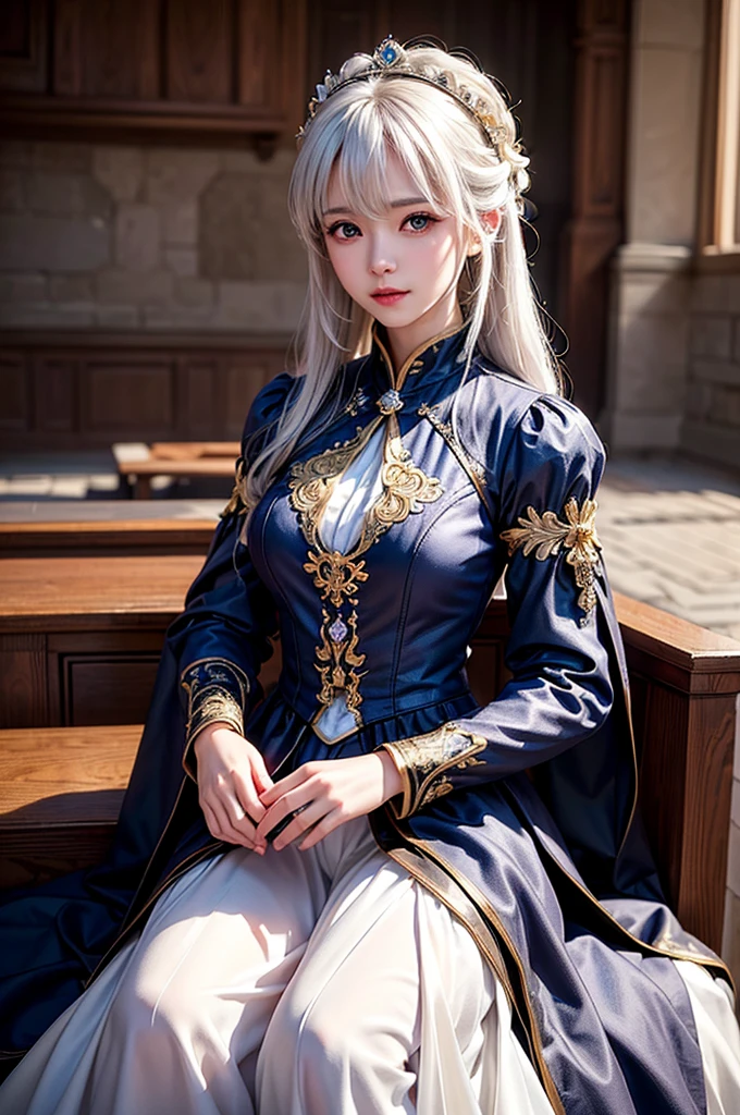 (Image above the chest)((masterpiece:1.5,Highest quality,Highly detailed images,Beautiful images、Realistic、Photorealistic、2.5D))(1girl, 独奏)(Adult women、large breasts, white hair, beautiful eyes、Beautiful cleavage)(Fantasy dresses、Fantasy Clothes、Black battle dress、black dress:1.5, Deep slit)(smile, wind, floating hair、Sit down and seduce)(bright、Soft lighting、Inside the castle、The King's Chamber)