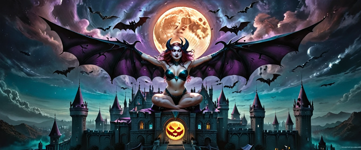 (Fine Art Illustration), 8k Resolution, (Intricate Details:1.2), Best Quality, Realistic, Ultra Detailed, Lighting from above, Best Shadows, Ultra HD, Busty Female Necromancer, Night Magic, Dark Style, Vampire Bats Flying in the Castle Background, Purple glowing eyes, Blood moon rising against the sky, (Amber and Teal Color palette)