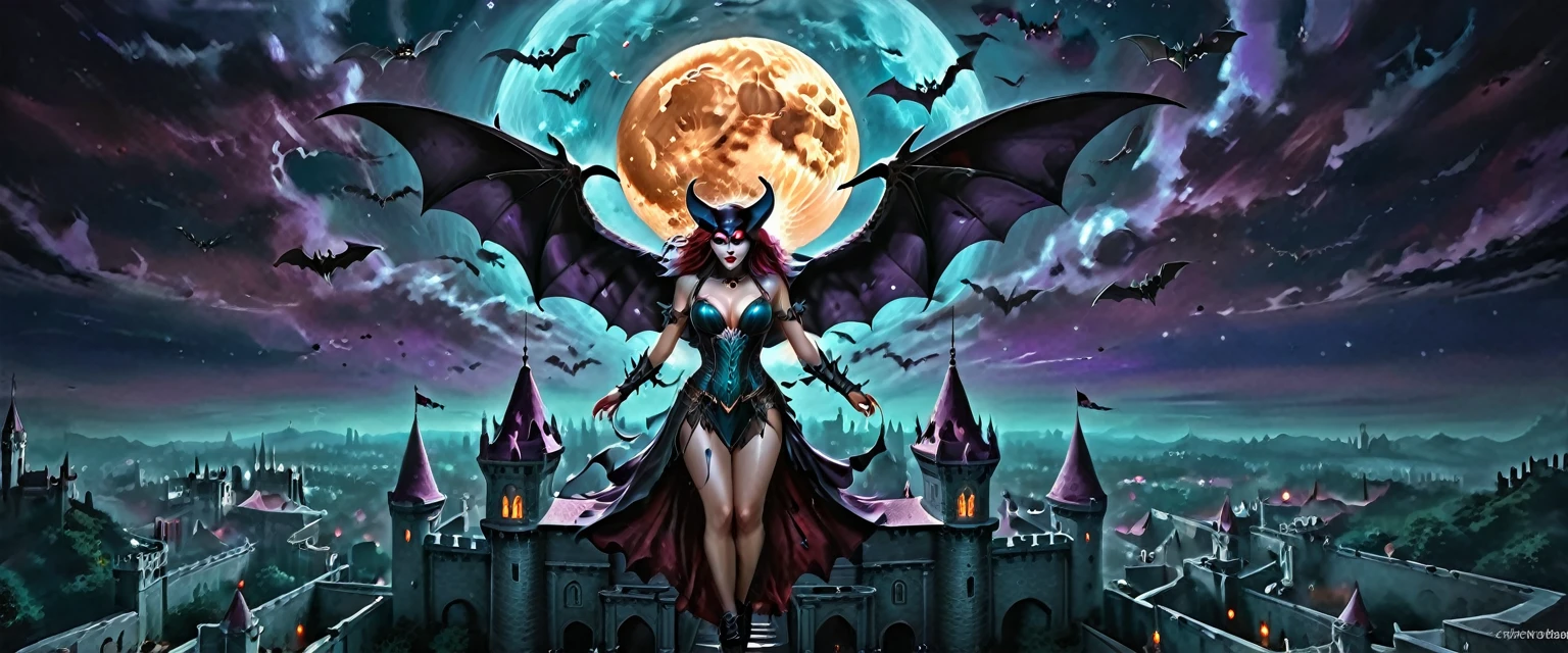 (Fine Art Illustration), 8k Resolution, (Intricate Details:1.2), Best Quality, Realistic, Ultra Detailed, Lighting from above, Best Shadows, Ultra HD, Busty Female Necromancer, Night Magic, Dark Style, Vampire Bats Flying in the Castle Background, Purple glowing eyes, Blood moon rising against the sky, (Amber and Teal Color palette)