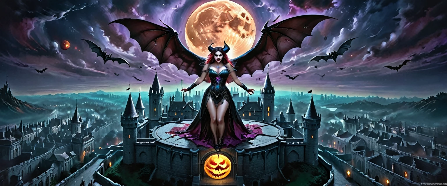 (Fine Art Illustration), 8k Resolution, (Intricate Details:1.2), Best Quality, Realistic, Ultra Detailed, Lighting from above, Best Shadows, Ultra HD, Busty Female Necromancer, Night Magic, Dark Style, Vampire Bats Flying in the Castle Background, Purple glowing eyes, Blood moon rising against the sky, (Amber and Teal Color palette)