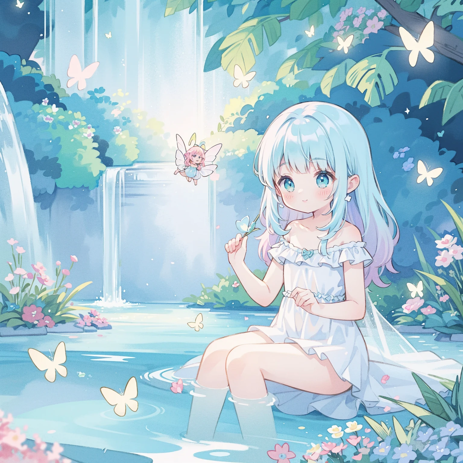 watercolor illustration, vibrant pastel colors, dreamy, colorful, whimsical, magical, masterpiece, best quality, sharp focus, intricately detailed environment, fine detail, 8k resolution, waterfall lagoon, (magical lagoon), (waterfall, lake), glowing butterflies, cute puffy fairy creatures, glowing fairies, beautiful girl in sparkling delicate white dress