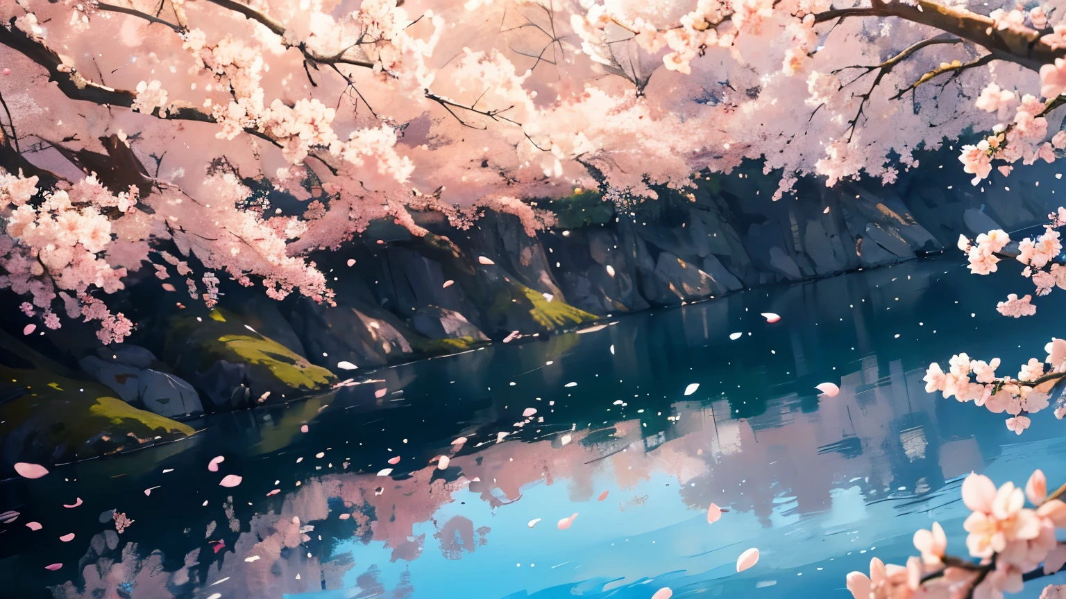 The spring scenery comes into view。Cherry blossom petals fluttering and dancing on the water、It sways gracefully as if being lured by the wind.。Pale pink petals、It blends beautifully with the blue sky reflected on the water.、Feel the coming of spring。Warm sunlight on the tree々Through the gap、The way the soft curtain of light falls on the ground along with the petals、It's the very breath of spring.