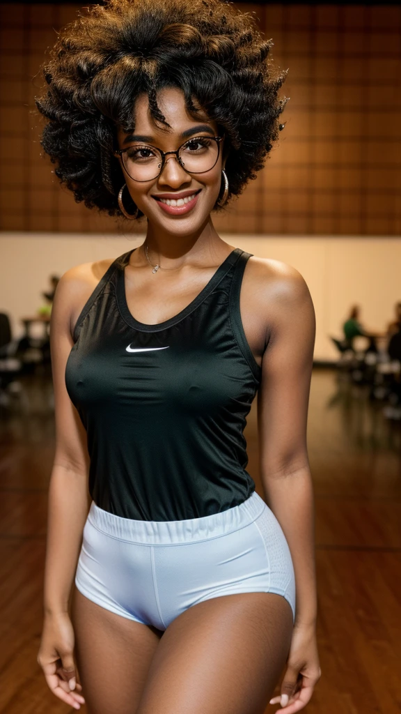 Character Sheet of Bia Oliveira has a warm and inviting face, characterized by a smooth complexion with a rich, deep skin tone that highlights her African heritage. Her oval-shaped face features soft, defined cheekbones that lend her a graceful and approachable appearance. Her almond-shaped eyes are dark brown, often sparkling with enthusiasm and intelligence, framed by sleek, black glasses that add to her intellectual charm. Bia's hair is naturally dense and coiled in a tight, voluminous afro, reflecting her cultural pride. She typically wears a warm smile that lights up her face, conveying her genuine passion for basketball and sports commentary. Bia's style blends sporty and professional elements effortlessly; embodying both her love for the sport and her role as an influential figure in the basketball community.Portrait 3:4 full body, green screen background