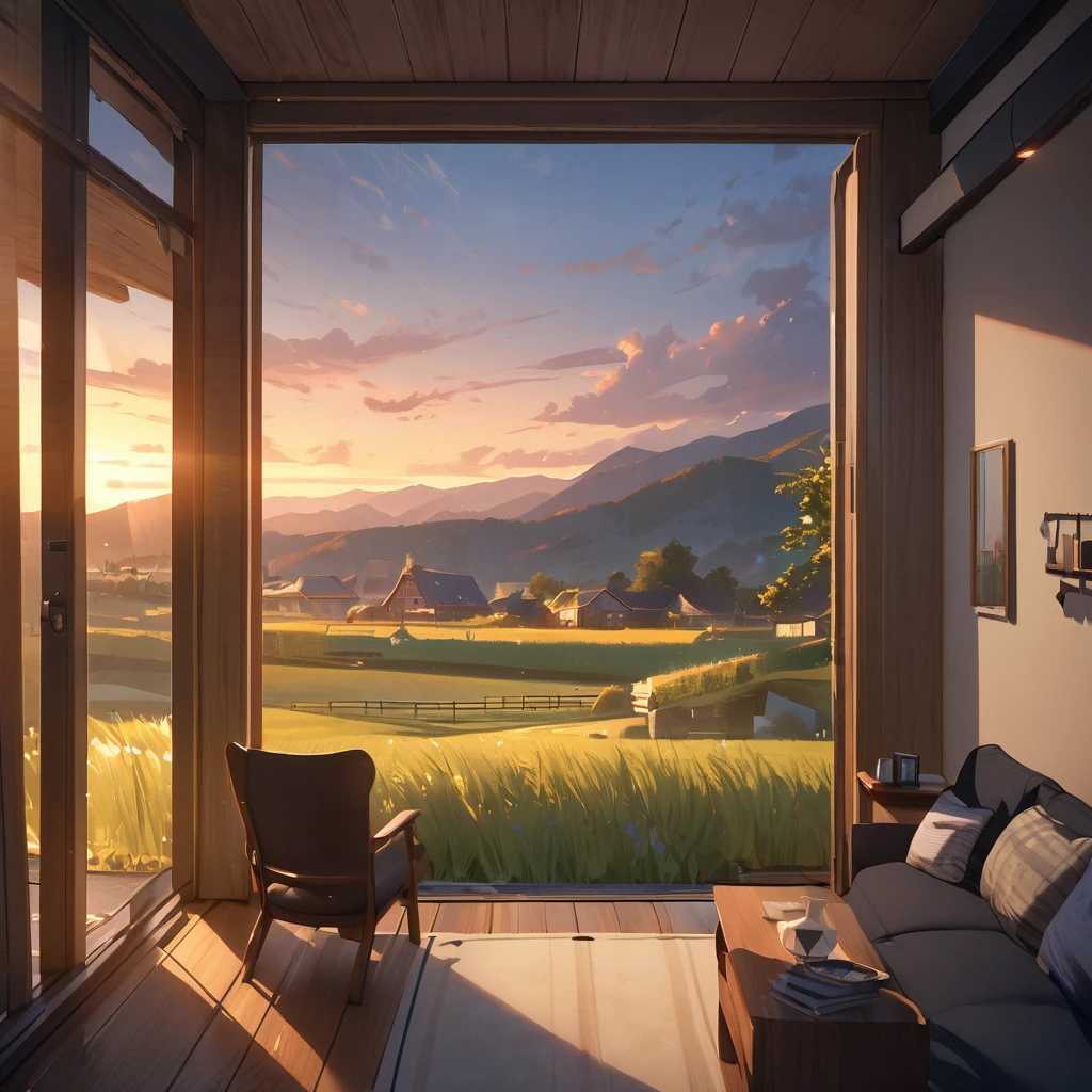 A tranquil rural view from the living room,Highest quality,masterpiece,evening