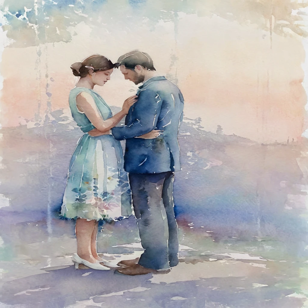 A watercolor painting of two people standing together, hands clasped, with a subtle gradient of colors in the background, evoking a sense of nostalgia and longing. The scene captures the quiet moments they share, with whispers and unspoken words. The style blends soft, dreamy hues with subtle textures, reminiscent of vintage photographs. The overall mood is contemplative, reflecting the introspective nature of the reflectrion love and Distance.