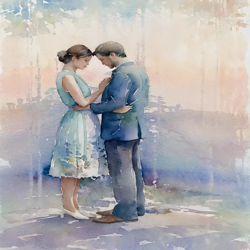 A watercolor painting of two people standing together, hands clasped, with a subtle gradient of colors in the background, evoking a sense of nostalgia and longing. The scene captures the quiet moments they share, with whispers and unspoken words. The style blends soft, dreamy hues with subtle textures, reminiscent of vintage photographs. The overall mood is contemplative, reflecting the introspective nature of the reflectrion love and Distance.