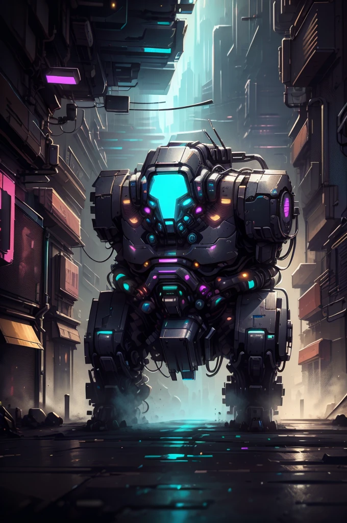 a group of cyberpunk robots walking down the street towards a treasure chest