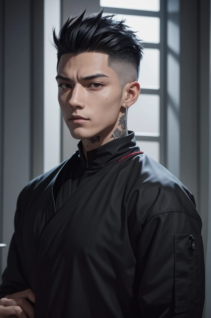 grayish hair black with upper locks in red with a light that reflects, styled with a wolfcut that reaches his neck and a fringe covering half of his face. His hair lacks volume, reflecting a tired and deep gaze. He has dark skin and a delicate face marked by two moles near, With a small star tattoo below his right eye. In a full-body position, He is a young adult of below-average height with straight, Teen jujutsu kaisen anime traits and style.