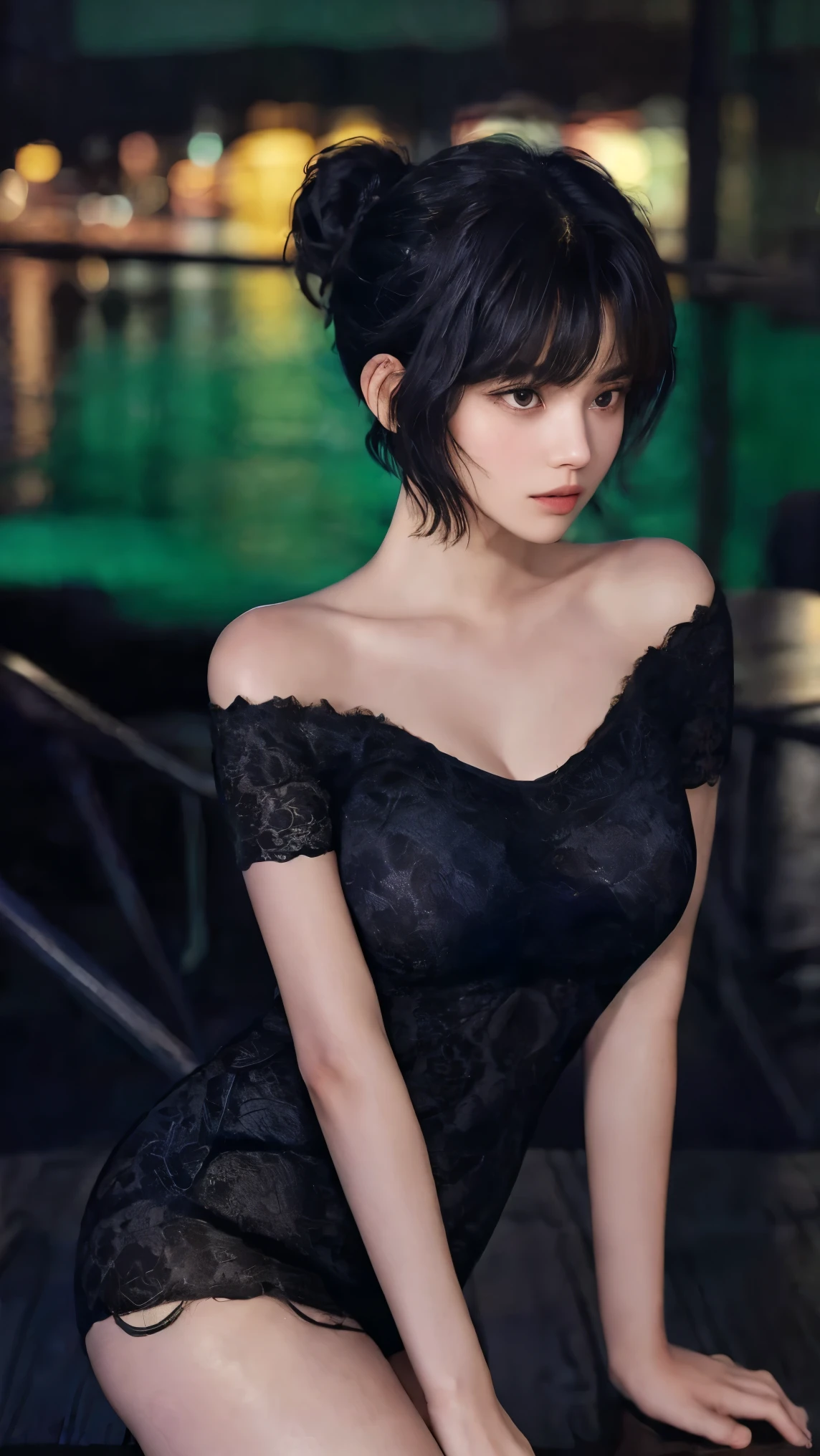 (masterpiece), (highest quality), {girl, lady}, looking at viewer, {Day, night}, {interior, exterior}, {natural short wavy hair, shaggy cut, long side bangs and bold, curly hair, neat ponytail, sophisticated pixie cut, high knot with twist braid, voluminous bun, undercut