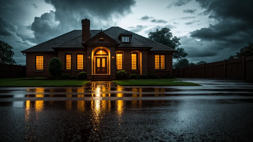 detailed urban house, mid class house at night, bad weather, dramatic lighting, moody atmosphere, cloudy sky, rain, puddles on the ground, brick walls, old windows, old door, street lamps, gloomy mood, (best quality,4k,8k,highres,masterpiece:1.2),ultra-detailed,(realistic,photorealistic,photo-realistic:1.37),cinematic,dramatic lighting