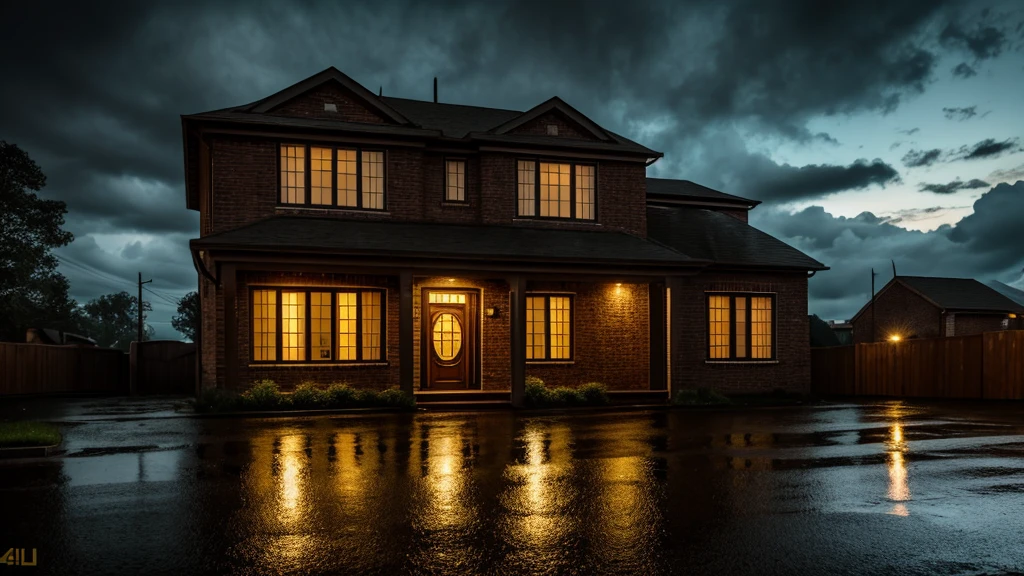 detailed urban house, mid class house at night, bad weather, dramatic lighting, moody atmosphere, cloudy sky, rain, puddles on the ground, brick walls, old windows, old door, street lamps, gloomy mood, (best quality,4k,8k,highres,masterpiece:1.2),ultra-detailed,(realistic,photorealistic,photo-realistic:1.37),cinematic,dramatic lighting