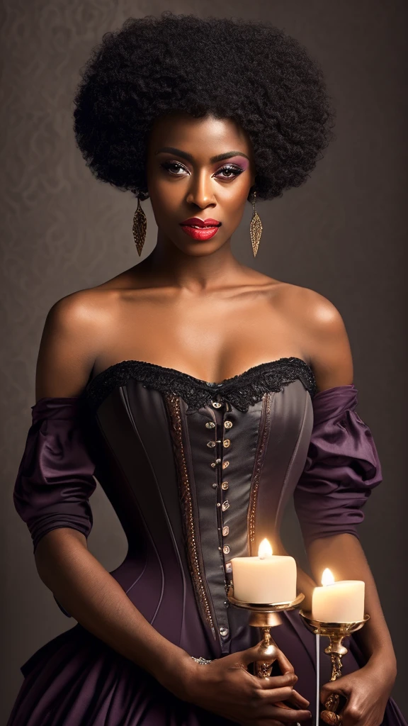 1 elegant black woman, (((Dark black skin 1.2))), Mature middle-aged woman, goth woman, vampire, goth makeup, victorian era dress, corset, corset dress, choker necklace, Dark eyeshadow,Full-body art, black skin, a dark tanned skin,Melanin pigmentation of the skin,very dark skin, violet eyes, lesvian, afro hair, short hair, renascence portrait, realist, elegant pose, dark color scheme, candlelit ilumination, vintage fashion, victorian era fashion, Victorian dress, corset,