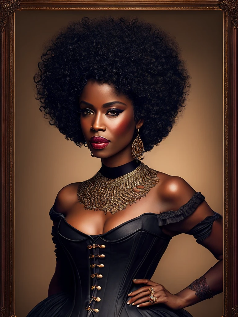 1 elegant black woman, (((Dark black skin 1.2))), Mature middle-aged woman， goth woman, vampire, goth makeup, victorian era dress, corset, corset dress, choker necklace, Dark eyeshadow，Full-body art, black skin, a dark tanned skin，Melanin pigmentation of the skin，very dark skin, violet eyes, lesvian, afro hair, short hair, renascence portrait, realist, elegant pose, dark color scheme, candlelit ilumination, vintage fashion, victorian era fashion, Victorian dress, corset, vampire fangs, fangs showing, blood, ethereal beauty, purple eyes, curly hair, afro hair, short afro hair, red and black color scheme, red lips, red and black dress, blood on the lips, vampire, lesbian vampire,