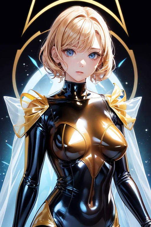 and 8K、shiny latex suit、(((Transparent latex suit.)))、(((Transparent latex suit.)))、Short golden hair with arms behind head.、Beautiful woman with blue eyes、Latex suit that beautifully shows your body line.、only upper body