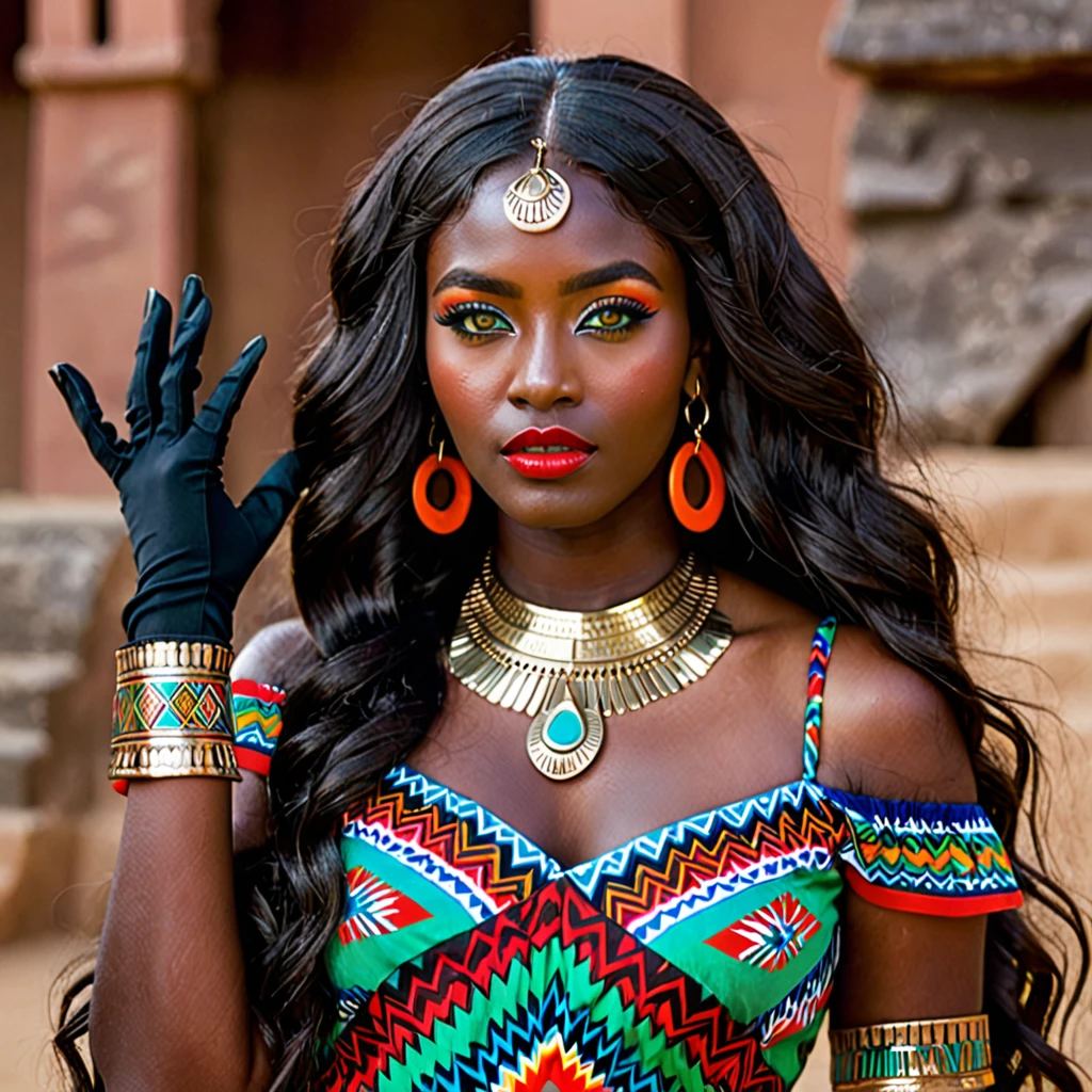 dark skin woman, with orange eyes, green and blue aztec dress, with long wavy black hair, short black gloves on hands, a red ring on her finger, slightly wide lips with a crimson red color, golden hoops in her ears