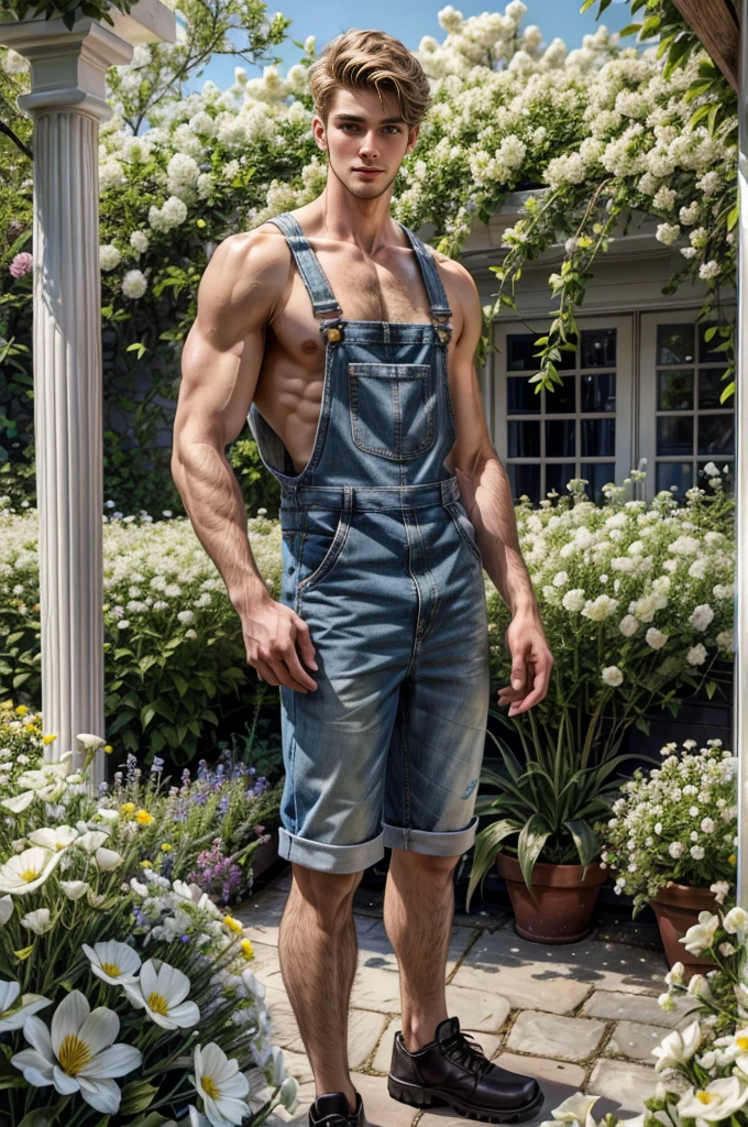 Full body shot of A shirtless tall handsome 24 years old young man is standing confidently amidst a garden of white flowers. The flowers, with their vibrant yellow centers, add a pop of color to the scene. The man is wearing a pair of short overalls, and his gaze is directed straight at the camera, creating a direct connection with the viewer.