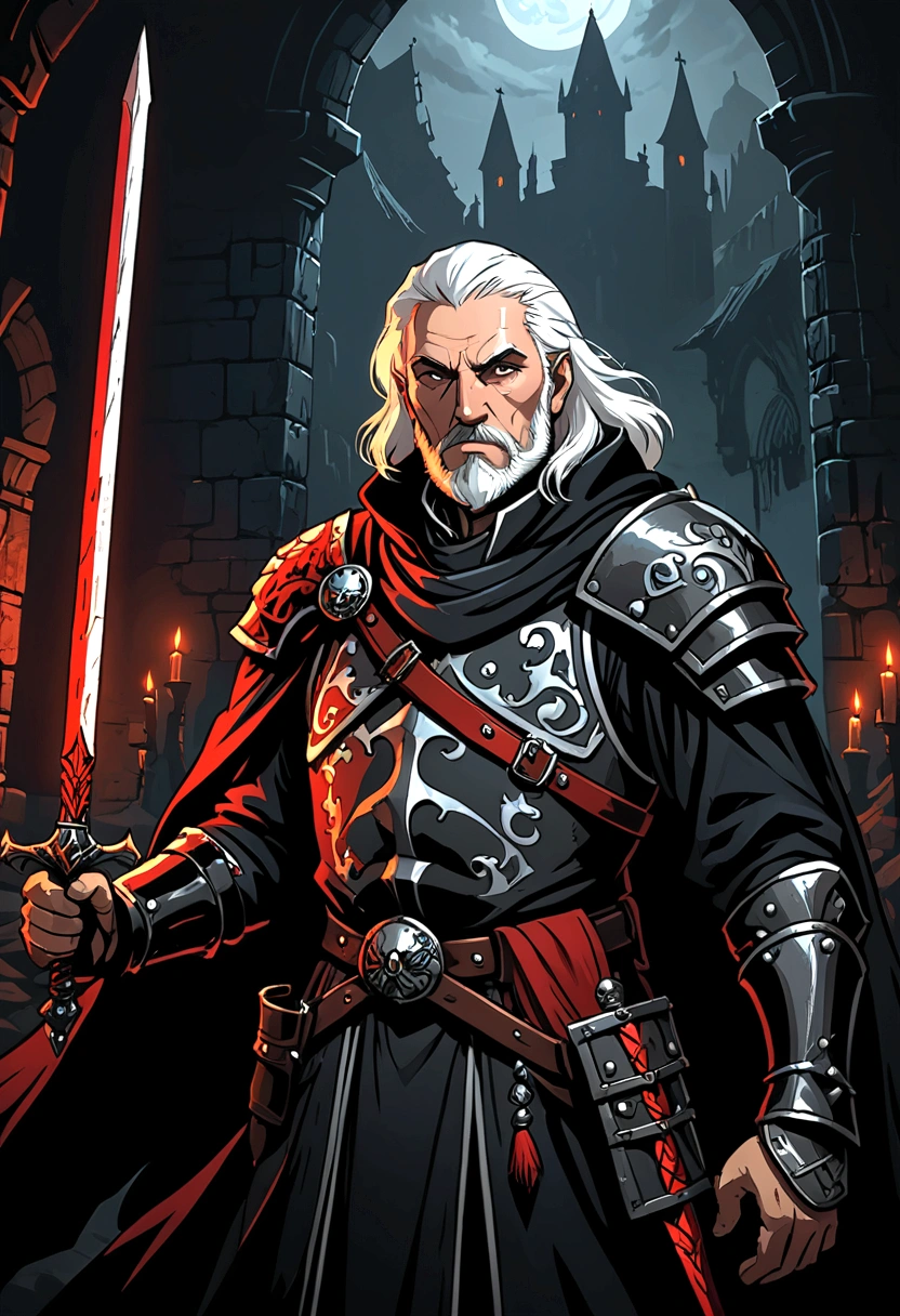 50 years old man, with black cloak and armor on one shoulder, with white hair and beard, using a red sword and spear, Darkest Dungeon art style, qualidade hd, hyper detailled, 4k resolution