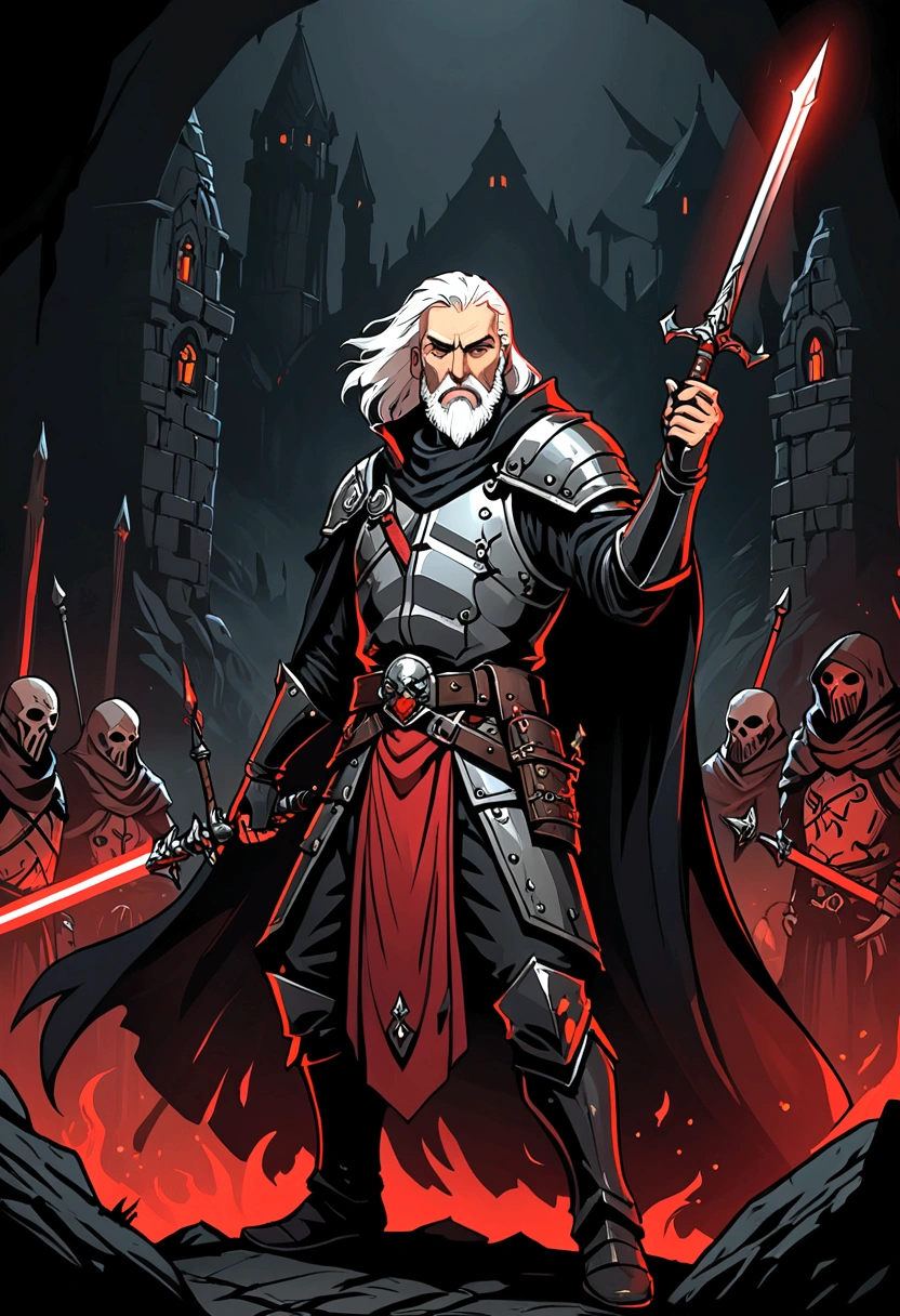 50 years old man, with black cloak and armor on one shoulder, with white hair and beard, using a red sword and spear, Darkest Dungeon art style, qualidade hd, hyper detailled, 4k resolution