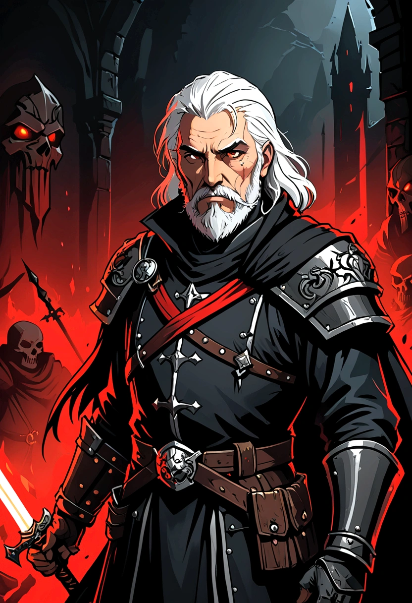 50 years old man, with black cloak and armor on one shoulder, with white hair and beard, using a red sword and spear, Darkest Dungeon art style, qualidade hd, hyper detailled, 4k resolution