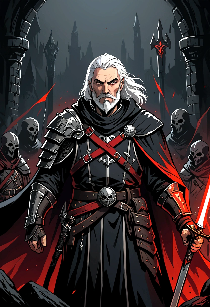 50 years old man, with black cloak and armor on one shoulder, with white hair and beard, using a red sword and spear, Darkest Dungeon art style, qualidade hd, hyper detailled, 4k resolution