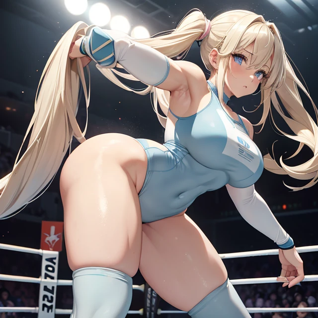 (masterpiece image, very detailed image, best high quality high definition image High very detailed Quality image, Very detailed high quality image), solo character, female wrestling, hip attack technique, back view
1girl, absolute beauty, 28 years old, fair pale skin, light blue eyes, sexy beauty features, long blonde golden hair tied in two pigtails with pink ribbons and blonde golden hair curly fringe near the nose, voluptuous figure, big breasts, round butt, beautiful legs, (light pale blue one piece leotard with a white stripe line in the belly and a grey spandex shorts under the leotard, grey knee pads, light pale blue wrestling boots, light pale blue arms sleeves, grey elbow pads), serious cocky attitude,
Dirty gym and wrestling ring