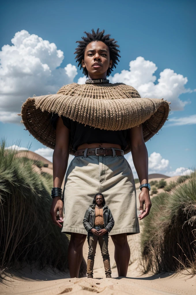 Make a picture of a black person in the center with dunes behind them, make this art with the retrofuturistic style, below put the following sentence "Big Luiz, the biggest shit in the old west