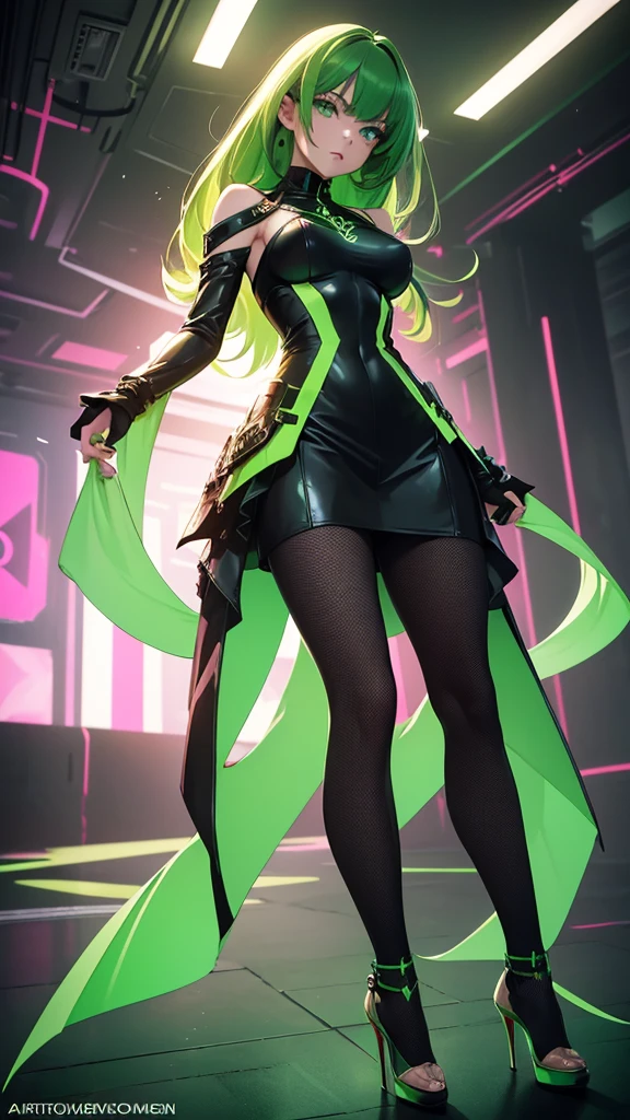 masterpiece, highest quality, (solo focus), (perfect face:1.1), (full body), (high detail:1.1), (hyper deta iled eyes), dramatic, a woman with paleskin and long dark green hair, green eyes, solo, arrogant expression, neon pink cyberneticoutfit, heels, white background, art by artgerm, cinematic lighting, fashion, BalenciagaStyle
