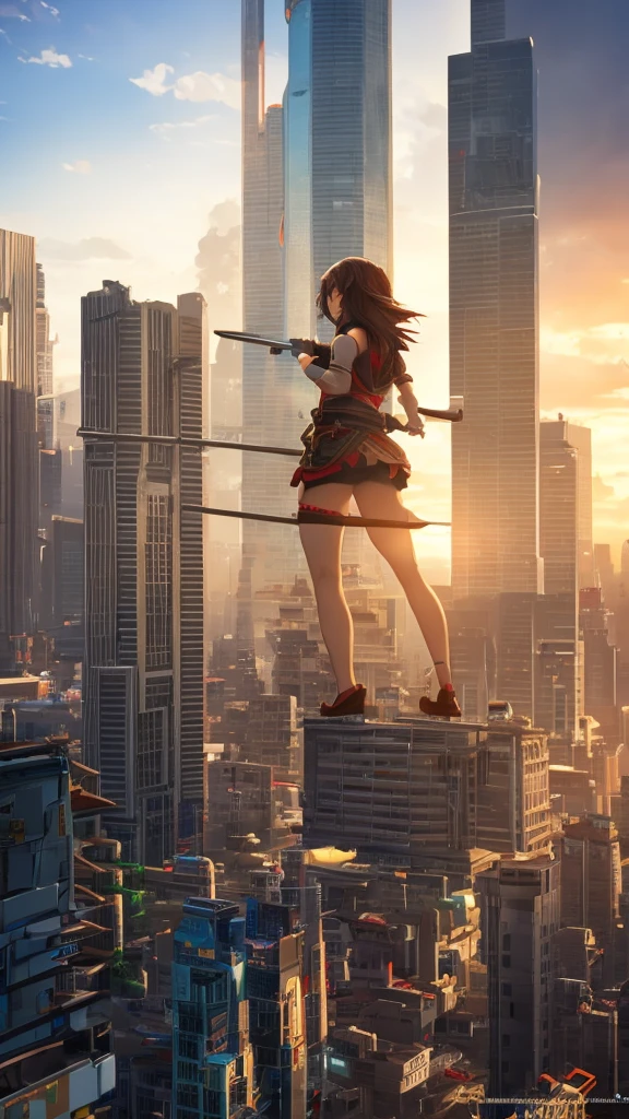 The giant girl wields a and destroys the city,Girl sitting on a building,A giant woman in a lying on top of a cyberpunk city, Wear short skirts,Little guys running around the giant girl,The little person panicked and ran away,Many cars pass by, Standing on her hand, cgsociety 9, 2. 5 d cgi fantasy art, engine rendering unreal + a goddess, full body cgsociety, artgerm ; Hyper realistic 3d content, giant art, super detailed 3d matte paintings, super detailed 3d matte paintings, realistic fantasy art, realistic 3 d anime style. Beautiful girl. Big thighs."The boy stood on the top of a high-rise building waving to the girl". Color ultra 4k.The little person panicked and ran away.Giant attack.