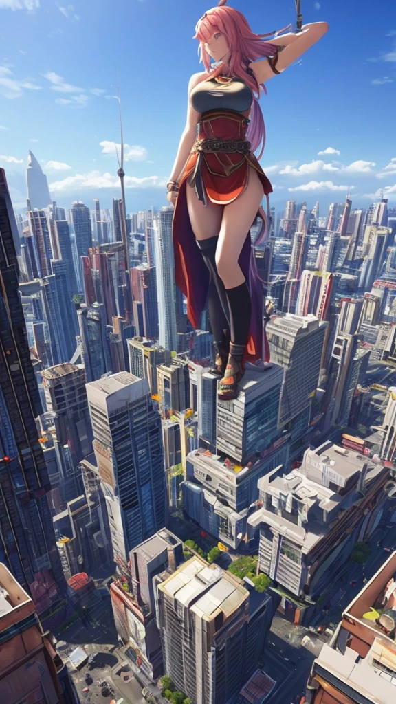 The giant girl wields a and destroys the city,Girl sitting on a building,A giant woman in a lying on top of a cyberpunk city, Wear short skirts,Little guys running around the giant girl,The little person panicked and ran away,Many cars pass by, Standing on her hand, cgsociety 9, 2. 5 d cgi fantasy art, engine rendering unreal + a goddess, full body cgsociety, artgerm ; Hyper realistic 3d content, giant art, super detailed 3d matte paintings, super detailed 3d matte paintings, realistic fantasy art, realistic 3 d anime style. Beautiful girl. Big thighs."The boy stood on the top of a high-rise building waving to the girl". Color ultra 4k.The little person panicked and ran away.Giant attack.