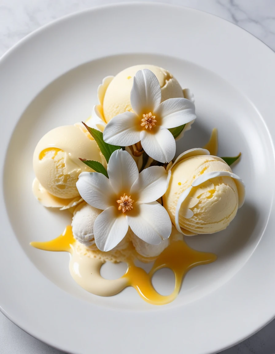 (vanilla flowers and vanilla ice cream on a white plate), closeup, macroscopic photo, hyperdetalization, hyperrealism, beautiful foreshortening, cinematic, glow, reflexes, illuminated ((dominant three colors))