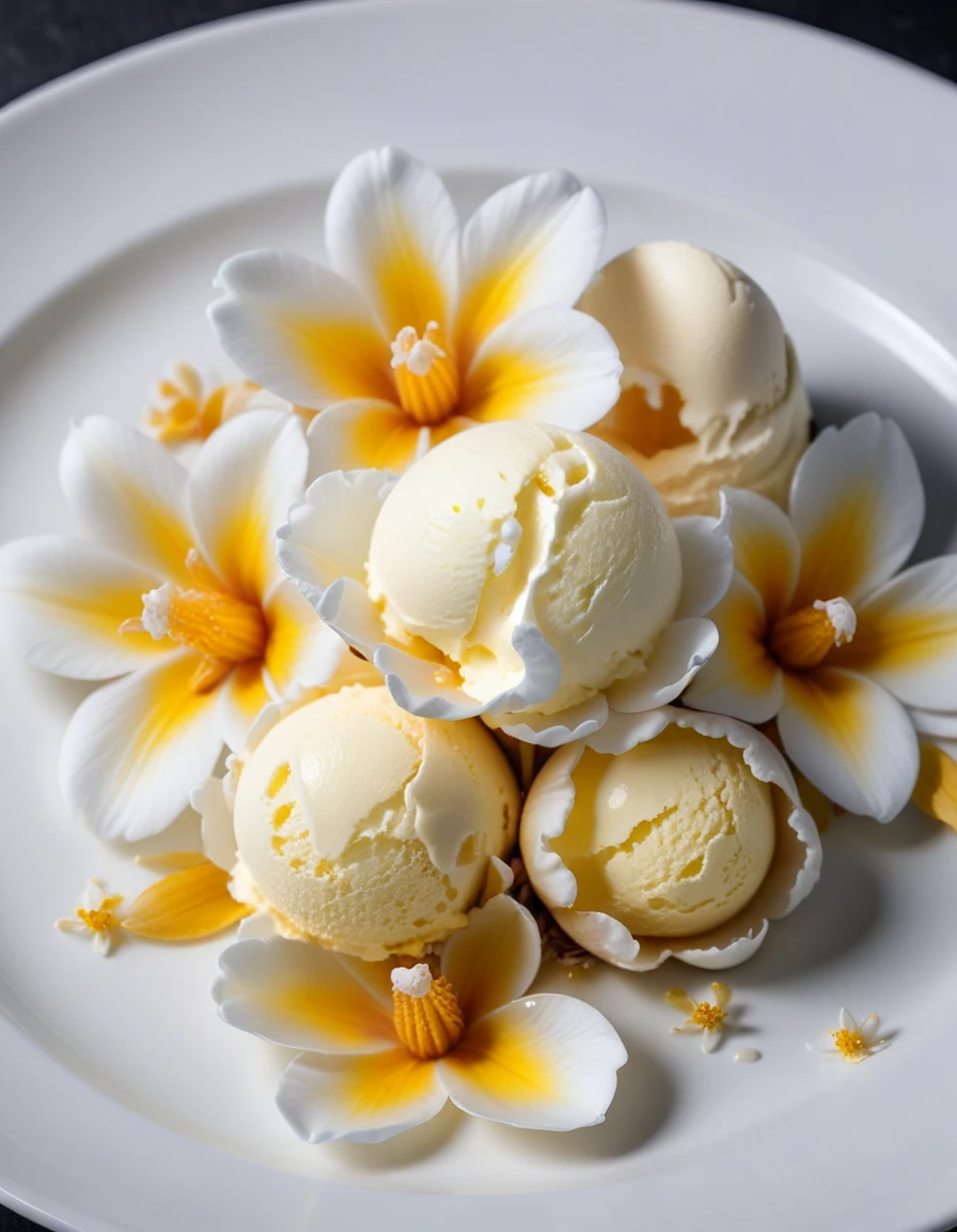 (vanilla flowers and vanilla ice cream on a white plate), closeup, macroscopic photo, hyperdetalization, hyperrealism, beautiful foreshortening, cinematic, glow, reflexes, illuminated ((dominant three colors))