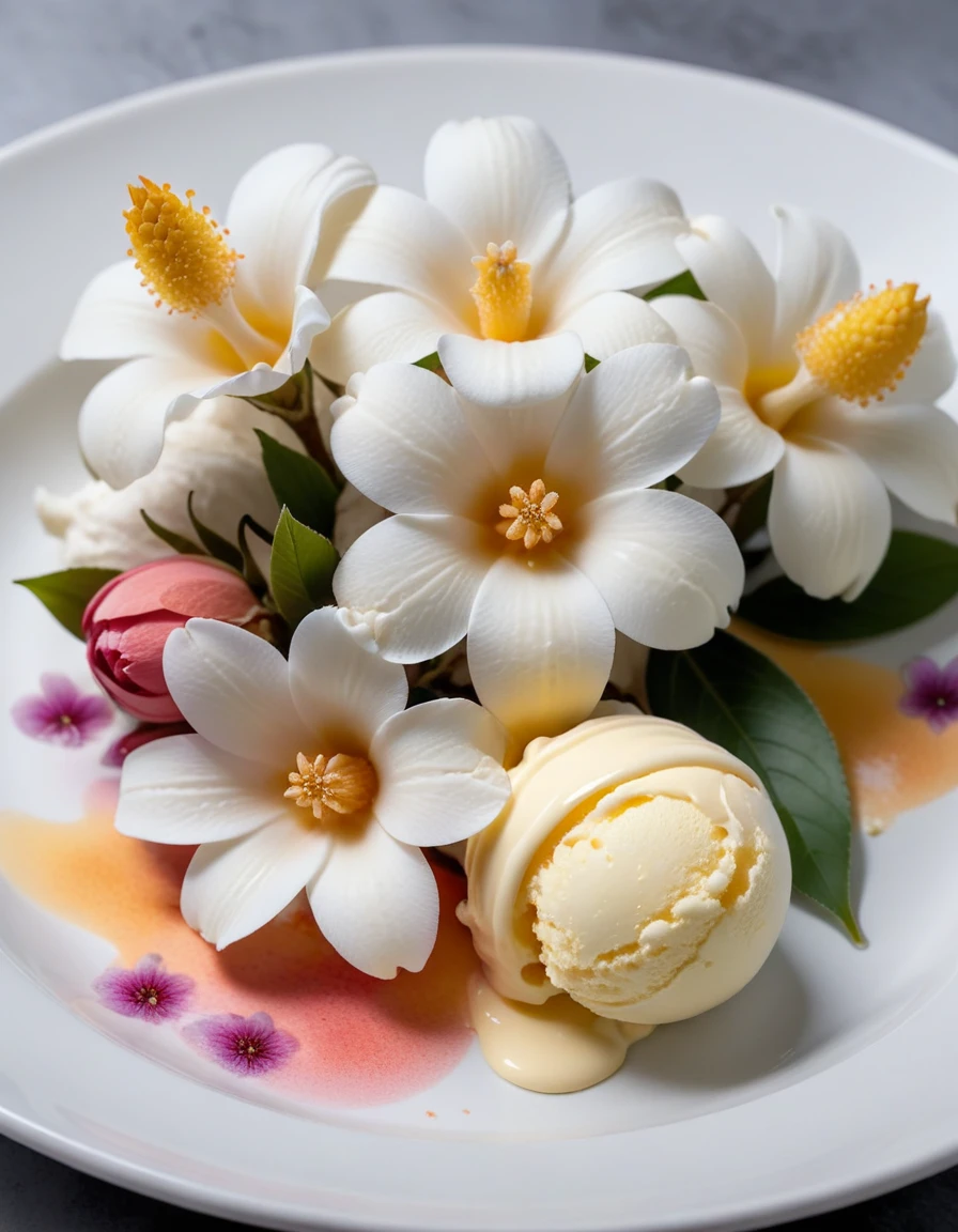 (vanilla flowers and vanilla ice cream on a white plate), closeup, macroscopic photo, hyperdetalization, hyperrealism, beautiful foreshortening, cinematic, glow, reflexes, illuminated ((dominant three colors))