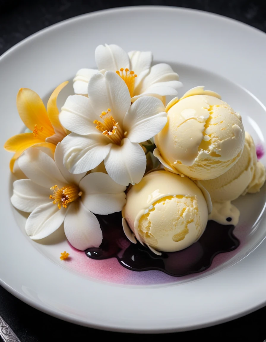 (vanilla flowers and vanilla ice cream on a white plate), closeup, macroscopic photo, hyperdetalization, hyperrealism, beautiful foreshortening, cinematic, glow, reflexes, illuminated ((dominant three colors))