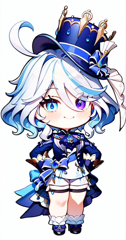 furina,1girl,solo,white background,simple background,full body,smile,looking at viewer,hand on hip,standing,top hat,blue jacket,white gloves,high heels,front view,frilled socks,white shorts,waist cape,thigh strap,heterochromia,jewelry,ascot,chibi