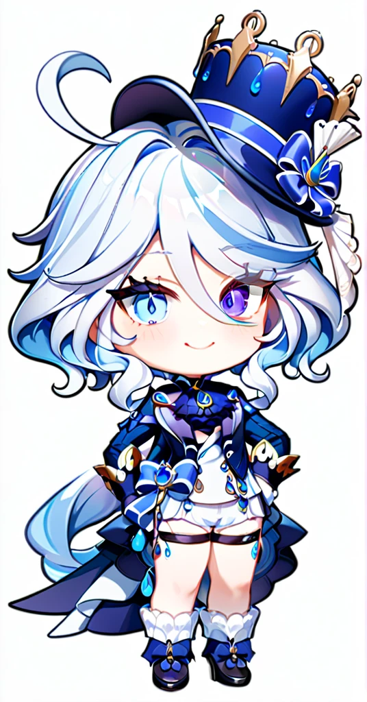 furina,1girl,solo,white background,simple background,full body,smile,looking at viewer,hand on hip,standing,top hat,blue jacket,white gloves,high heels,front view,frilled socks,white shorts,waist cape,thigh strap,heterochromia,jewelry,ascot,chibi