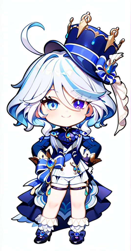 furina,1girl,solo,white background,simple background,full body,smile,looking at viewer,hand on hip,standing,top hat,blue jacket,white gloves,high heels,front view,frilled socks,white shorts,waist cape,thigh strap,heterochromia,jewelry,ascot,chibi