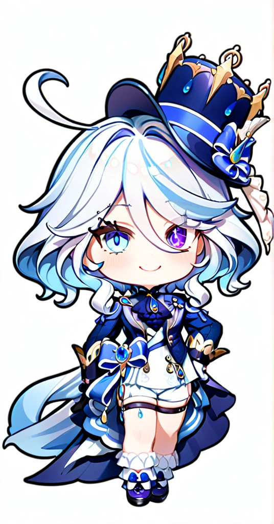 furina,1girl,solo,white background,simple background,full body,smile,looking at viewer,hand on hip,standing,top hat,blue jacket,white gloves,high heels,front view,frilled socks,white shorts,waist cape,thigh strap,heterochromia,jewelry,ascot,chibi