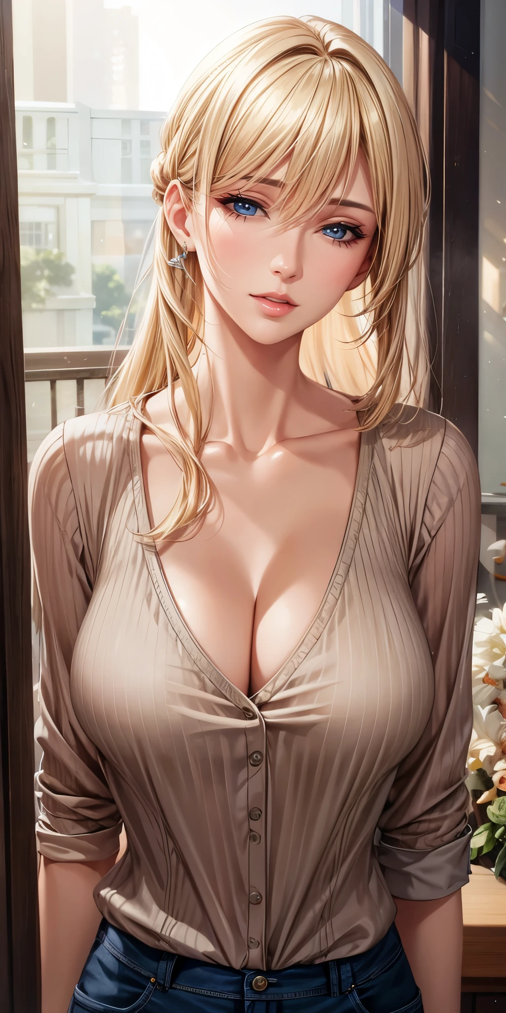 Realistic, Elegant mature woman, blue eyes, blonde hair, casual clothes, soft light, high detailed, 4k resolution, high quality, beautiful cg