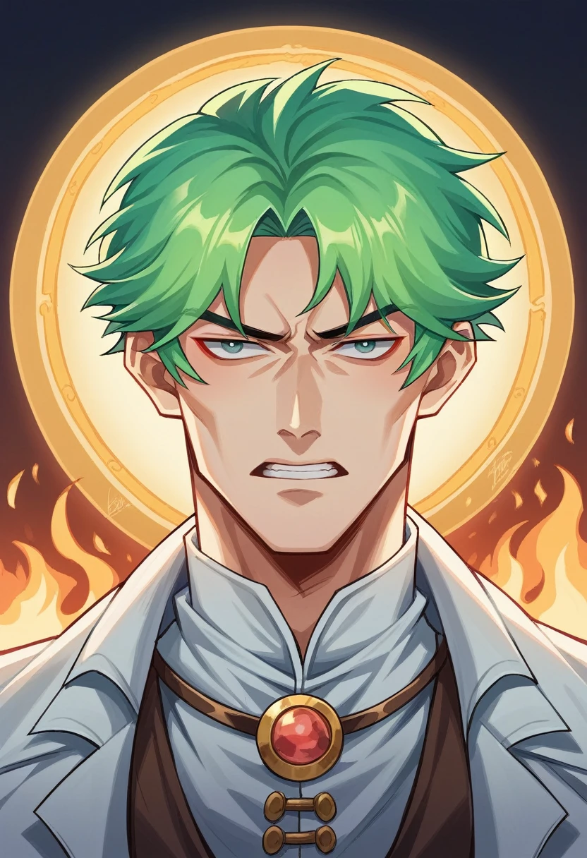 colorful portrait illustration, (highy detailed face, work of art, best qualityer), highy detailed, (in a dungeon), magician_glamour, (big circles with glowing runes), fire and ice, , ultra high resolution, by Alexandre Calame and Alyssa Monks and Shigeru Ban. Green haired man holding blonde haired man, pirates, stary night.