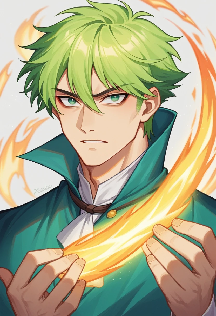 colorful portrait illustration, (highy detailed face, work of art, best qualityer), highy detailed, (in a dungeon), magician_glamour, (big circles with glowing runes), fire and ice, , ultra high resolution, by Alexandre Calame and Alyssa Monks and Shigeru Ban. Green haired man holding blonde haired man, pirates, stary night.