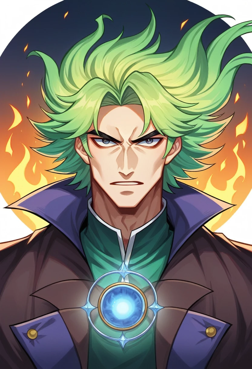 colorful portrait illustration, (highy detailed face, work of art, best qualityer), highy detailed, (in a dungeon), magician_glamour, (big circles with glowing runes), fire and ice, , ultra high resolution, by Alexandre Calame and Alyssa Monks and Shigeru Ban. Green haired man holding blonde haired man, pirates, stary night.