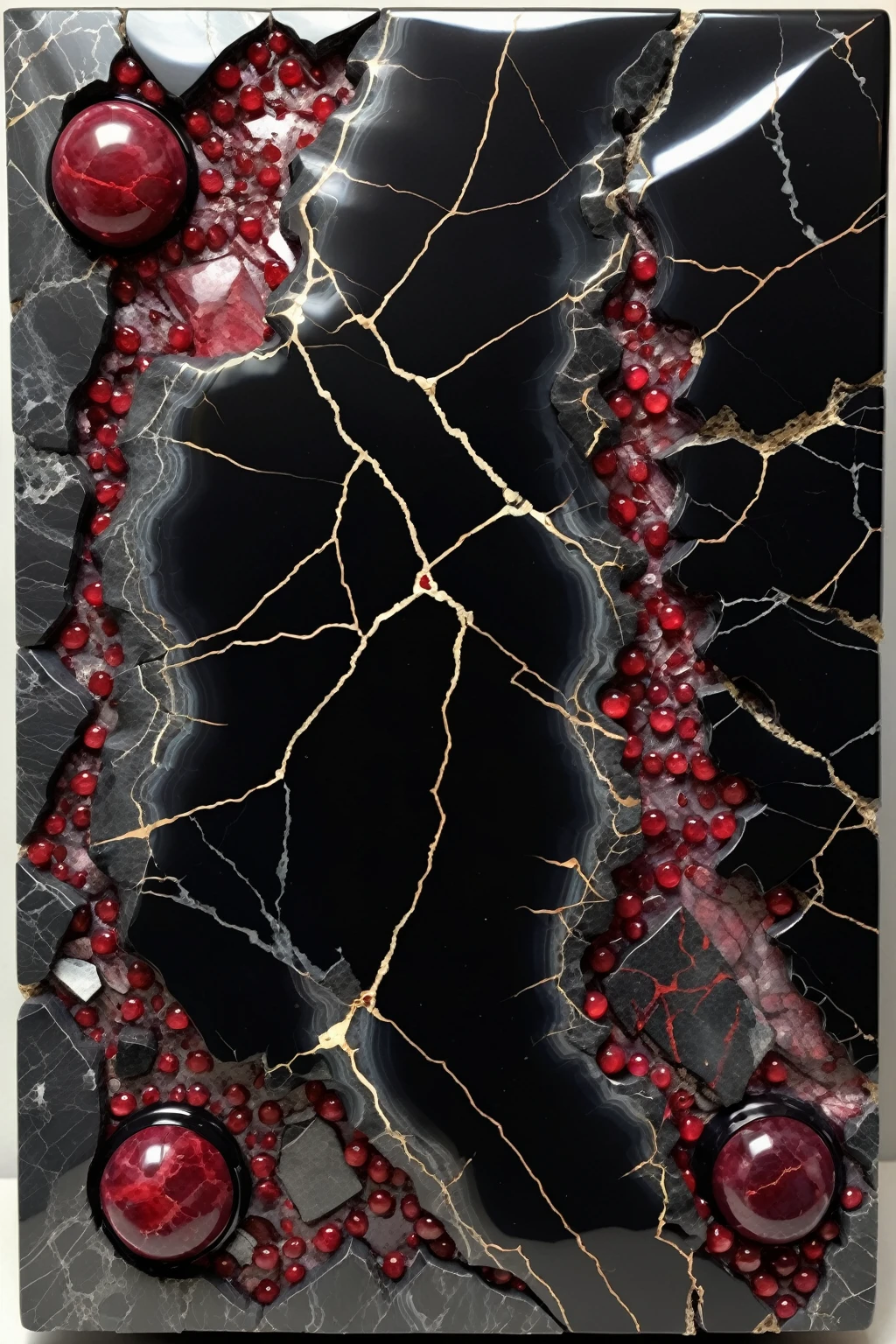 a beautiful slab of obsidian black marble, fractured with red ruby shards embedded in between the cracks, highly detailed, intricate design, marble material, BY Anne Bachelier,