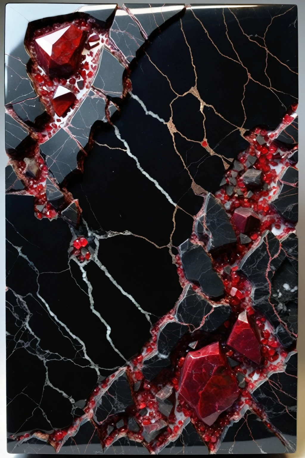 a beautiful slab of obsidian black marble,  fractured with red ruby shards embedded in between the cracks, highly detailed, intricate design, marble material, BY Anne Bachelier,