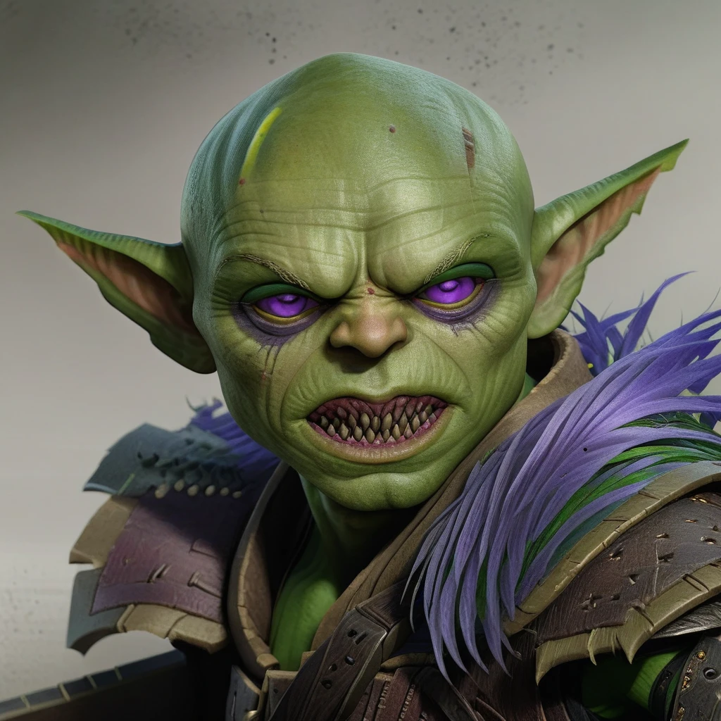 a male goblin, green skin, bald, frowning, scar on face, purple left iris, heterochromatic eyes, looting bandits' bodies, highly detailed, cinematic lighting, 8k, hyper realistic, masterpiece, fantasy art