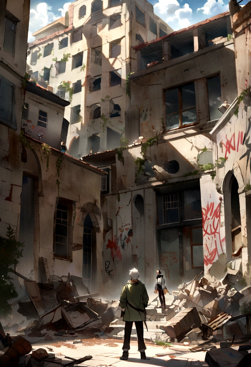 /imagine prompt: A young man standing in a ruined courtyard, surrounded by a scene of destruction, looking up angrily and clenching his fists, graffiti and slogans on the walls indicating a lawless place, ,32k, best qualityer, work of art, super detaill, High details, por Makoto Shinkai ,in the style of xing xing star art group, --niji 5"